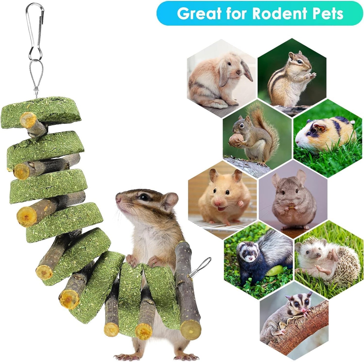 ERKOON Bunny Chew Toys, Rabbit Chew Toys for Teeth Grinding, Improve Dental Health, 100% Natural Apple Wood Timothy Grass Cake Treats for Rabbits Guinea Pigs Chinchillas Bunnies Hamsters (5 Pcs)