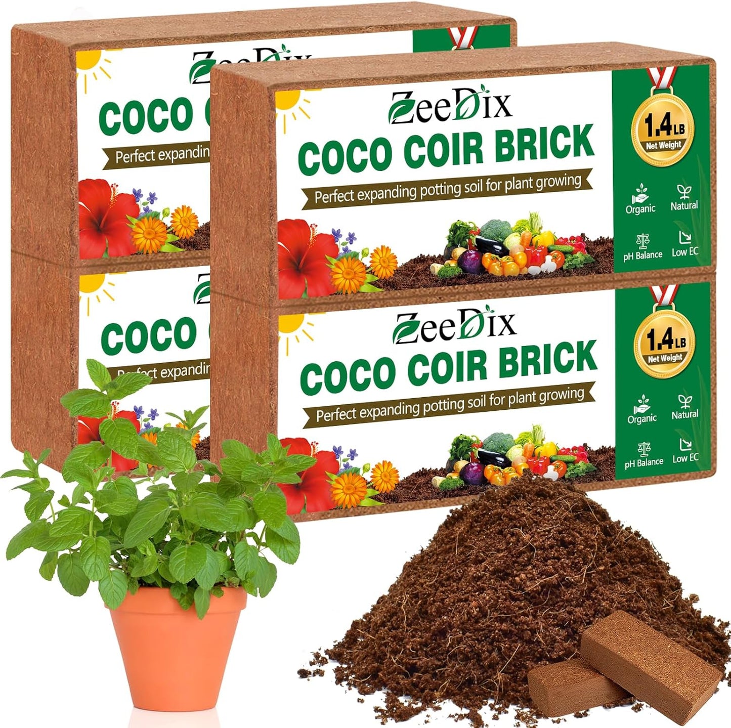 ZeeDix 4 Pcs Premium Coco Coir Brick - 100% Organic Compressed Coconut Coir Starting Mix, Coco Fiber with Low EC and PH Balance for Gardening, Potting Soil, Herbs - Pet Explorer
