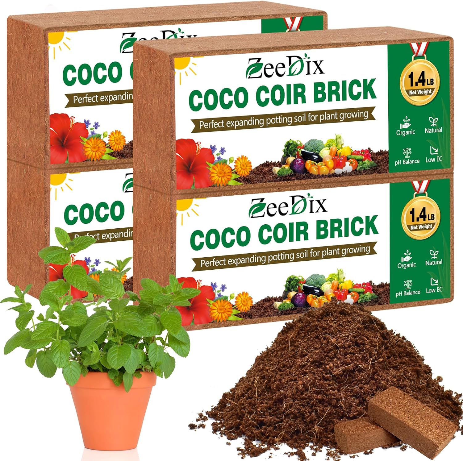 ZeeDix 4 Pcs Premium Coco Coir Brick - 100% Organic Compressed Coconut Coir Starting Mix, Coco Fiber with Low EC and PH Balance for Gardening, Potting Soil, Herbs - Pet Explorer