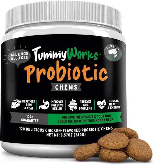 TummyWorks Probiotic 120 Soft Chews for Dogs All Ages - Supports Digestive Health, Relieves Diarrhea, Constipation, Good for Itching, Allergies, Yeast Infections. Added Digestive Enzymes, Made in USA - Pet Explorer