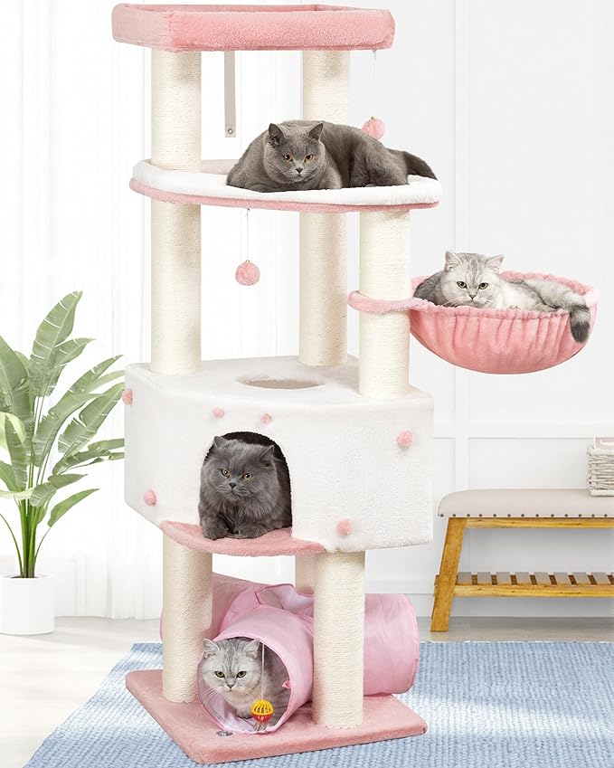Heavy Duty Cat Tree for Large Cats Adult - 60 Inch XXL Sturdy Cat Tower Condo with Extra Wide Scratching Posts (φ4.4in) Big Cat House Hammock Perch - Indoor Wood Modern Multi Level Corner Cat Bed