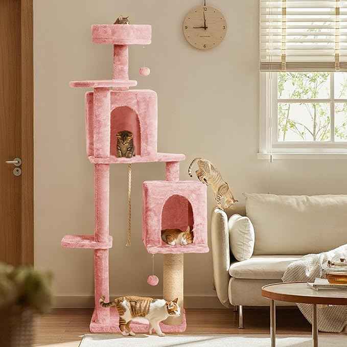 58in Large Cat Tree Tower for Indoor Cats with Soft Plush Hang Ball, Two Condos, Sisal Scratch Posts & Rope Play for Kittens/Adult Cats, Pink