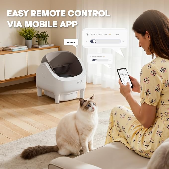 Greesum Self Cleaning Cat Litter Box – Automatic Open-Top Smart Litter Box with App Control, 15L Odor-Sealed Waste Bin, Ultra Quiet 35dB, Multi-Cat & Large Cat Compatible, with Trash Bags & Mat