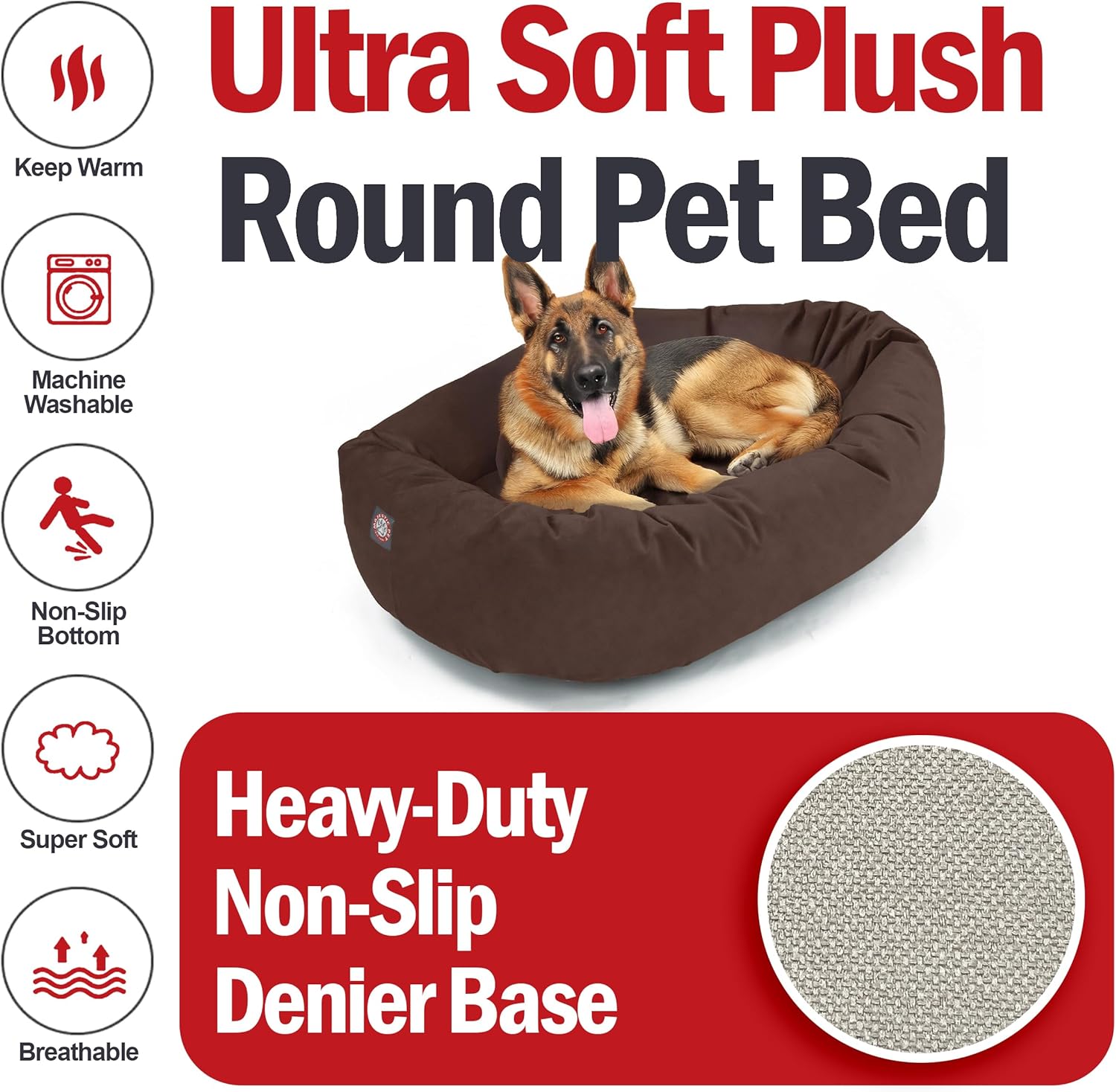 Majestic Pet 52 Inch Suede Shredded Memory Foam Mix Calming Extra Large Dog Bed Washable 52 x 35 x 11 (Inch) - Cozy Soft Round Donut Dog Bed with Spine for Head Support - Pet Bed Chocolate - Pet Explorer