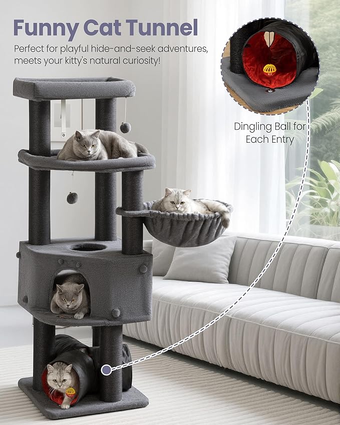 Heavy Duty Cat Tree for Large Cats Adult - 60 Inch XXL Sturdy Cat Tower Condo with Extra Wide Scratching Posts (φ4.4in) Big Cat House Hammock Perch - Indoor Wood Modern Multi Level Corner Cat Bed