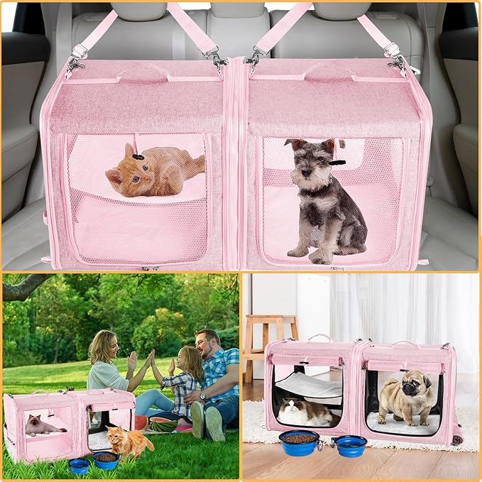 Suertree Large Cat Carrier for 2 Cats with Zipper Locks, Double Cat Carrier with Travel Litter Box, Soft Pet Travel Carrier for Cats and Small Dogs Up to 45 Lbs, Pink