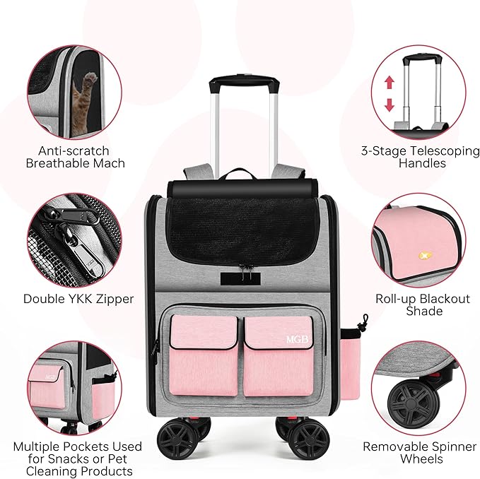MGB Large Pet Carrier, Foldable Rolling Dog Carrier with Removable Wheels, Cat Rolling Bag 21.3"x15"x12.6" for 2 Cats & 1 Dog for Travel, Outdoor, Vet Visits, Camping, Indoor. Pink. (Not for Airline)
