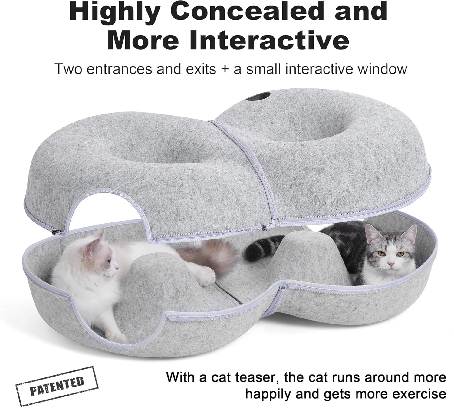 8-Shaped Large Cat Tunnel Bed for Indoor Cats, Infinite Circulation Peekaboo Cat Cave with 12 Toy Balls, Cat Donut Tunnel for Cats up to 30 Pounds (Light Grey, L 38x24x11in) - Pet Explorer