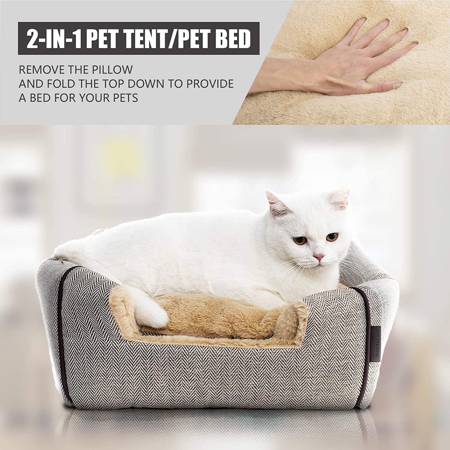 Cat Bed - Cat Cave House Tent with Washable Cushioned Pillow, Soft Kitten Beds, Pet Furniture (Large, Beige) - Pet Explorer