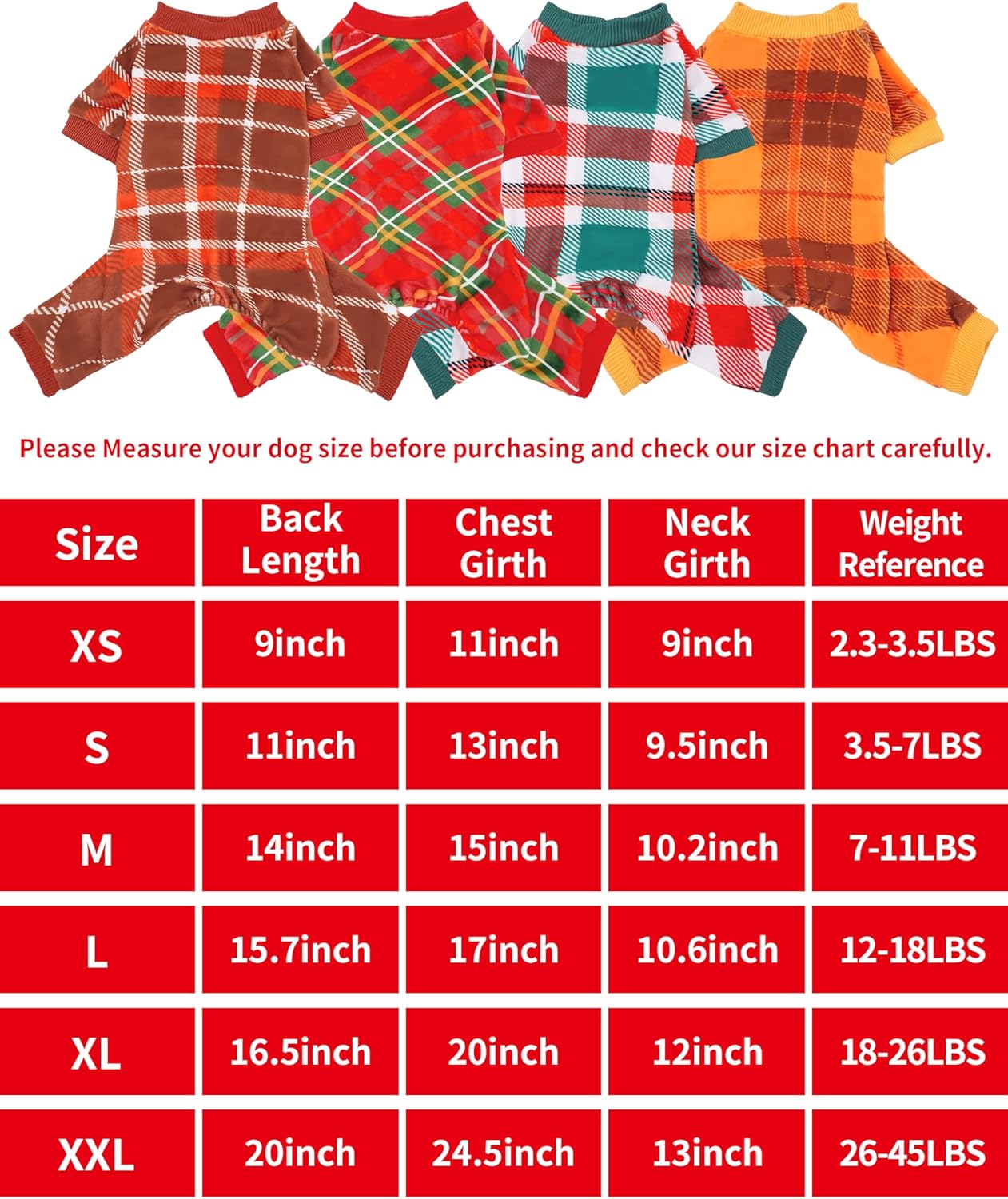 PET SHOW 4 Pack Small Dog Pajamas Holiday Dog Clothes Doggies Girl Boy Soft Stretchy PJs Plaid Jumpsuit Puppy Cats Fall Onesies Christmas Outfits with Sleeve Pets Dachshund Costume(S, Plaid)