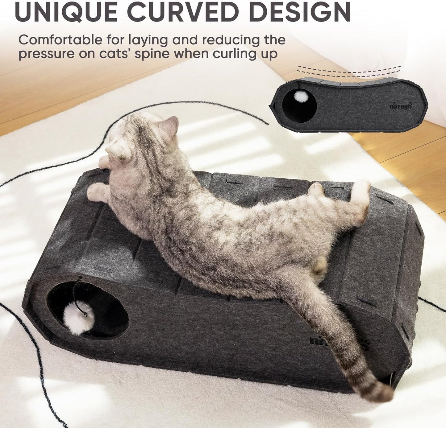 NATUYA Cat Bed Cave for Indoor Cats, Large Cat Lounge Cave Bed with Toy Ball, Enclosed Scratch Resistant Detachable Felt Cat Hideaway Bed for Cats up to 22 Lbs - Pet Explorer