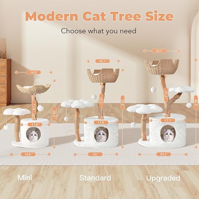 Modern Cat Tree, Wood Cat Tree Tower for Small Cats, Luxury Cat Condo with Scratching Posts and Flower Platforms, Cat Furniture by Easyego, (White)