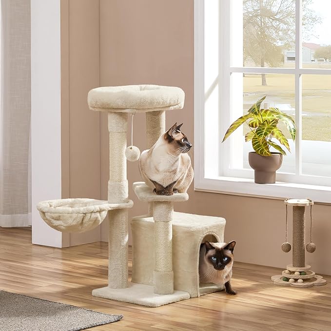 Yaheetech Cat Tree, Multi Level Climbing Tower for Indoor Cats, Pet Activity Center Scratching Post Indoor Furniture Bed with Basket for Kittens, Beige