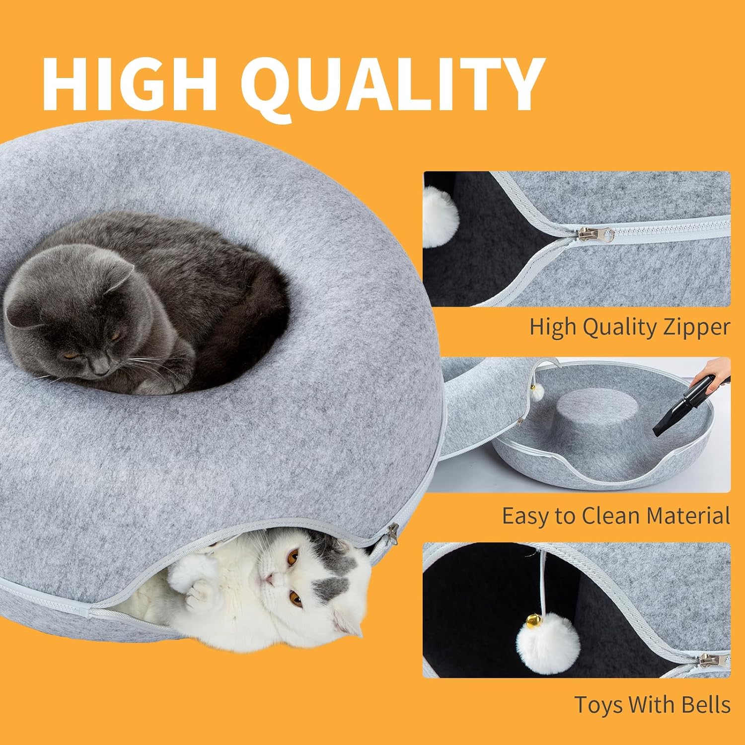 Jia Xi Cat Tunnel and Bed Combo - Donut Cat Condo & Cave, Universal for All Seasons (24 in * 24 in * 11 in), Light Grey - Pet Explorer
