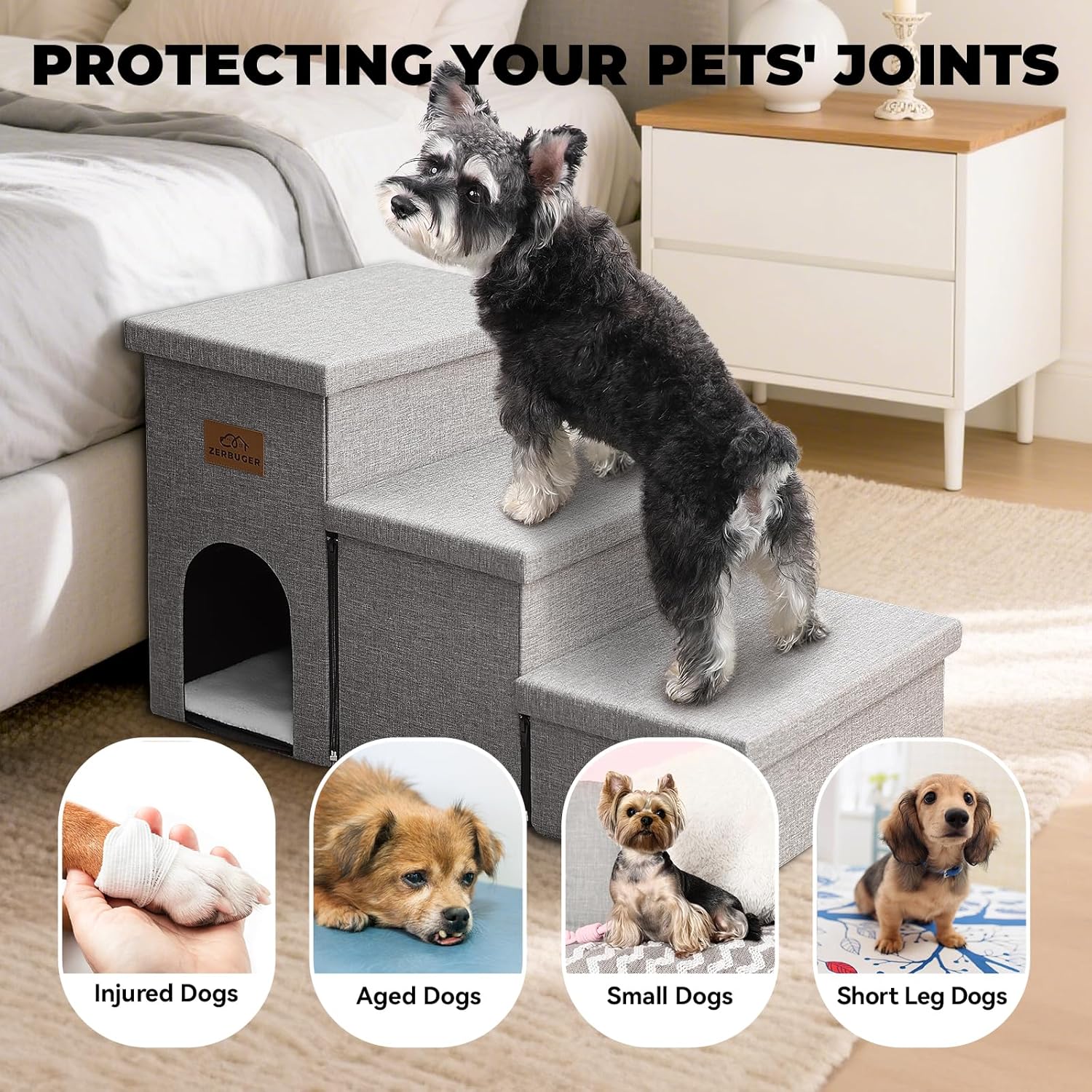 Dog Stairs 18" H, 3-Step Wider Dog Steps for High Beds Couch, Folding Storage Pet Stairs Gift for Small/Medium/Large Old Dogs Cats, Ramp for Climbing Car Up to 200 lbs, (Gray, with Condo) - Pet Explorer