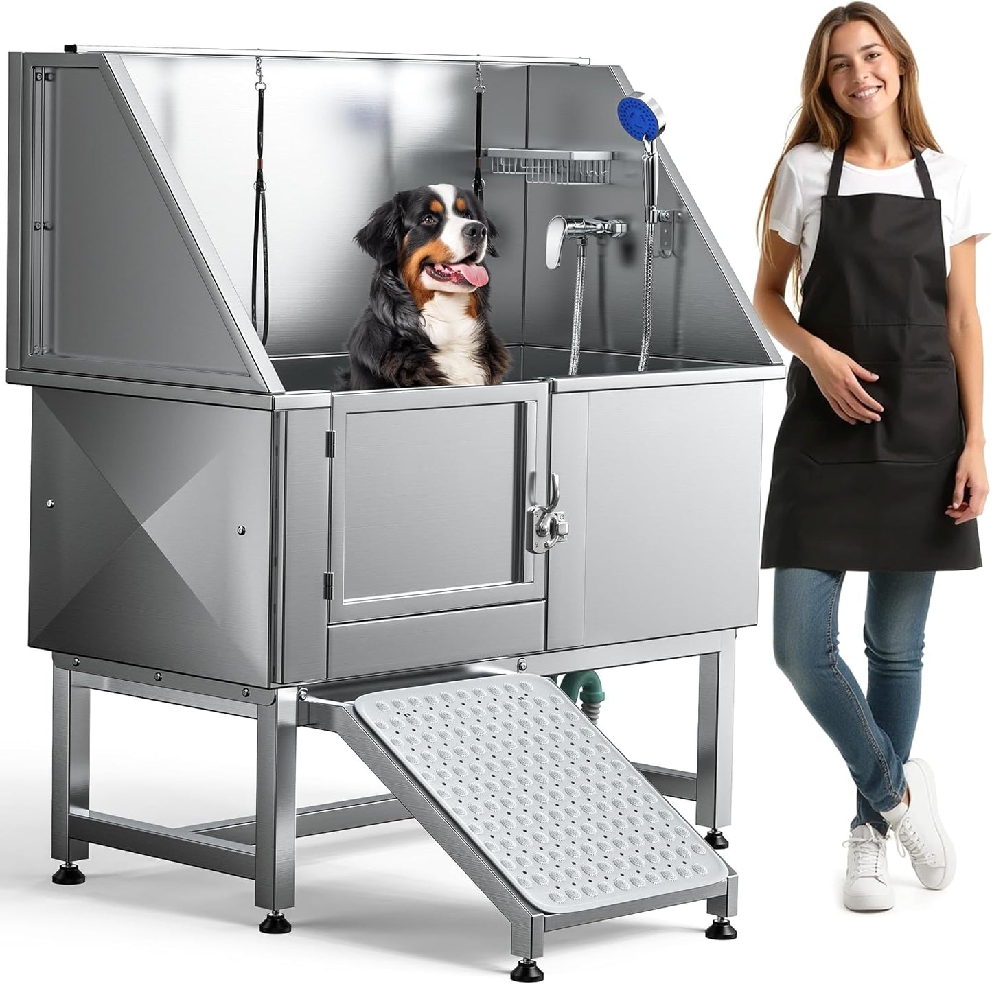 DWVO Professional Pet Dog Bathing Station for Grooming, 50'' Dog Grooming Bathtub with Left Ramp, Floor Grate, Faucet, Showerhead & Soap Holder for Large, Medium & Small Pets - Pet Explorer