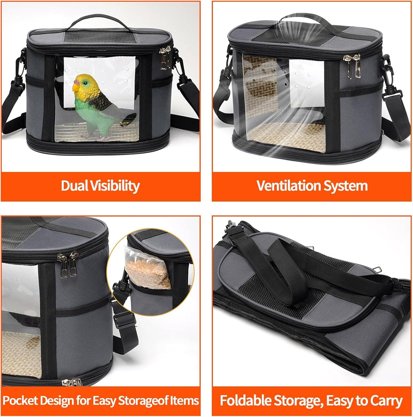 Bird Travel Carrierm, Small Bird Travel Backpack Carrier Cage with Tray and Breathable Clear Window, for Parakeet Cockatiel Budgies, for Camping Hiking (Gray)