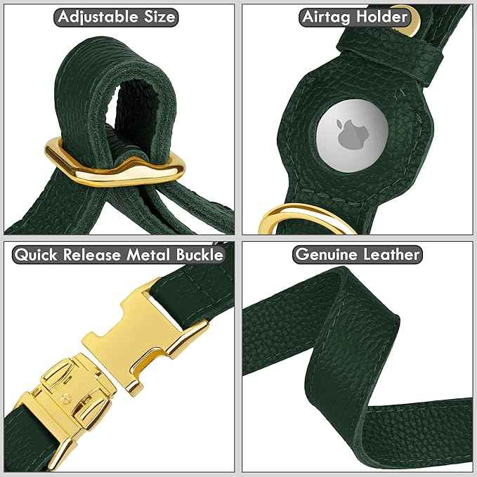 Leather Airtag Dog Collar - Soft Tracking Dog Collar with Apple AirTag Holder and Metal Buckle - Safety GPS Pet Collars for Small Medium Large Dogs Puppy Pink Red (Green, L, 17"-21" Neck Fit)