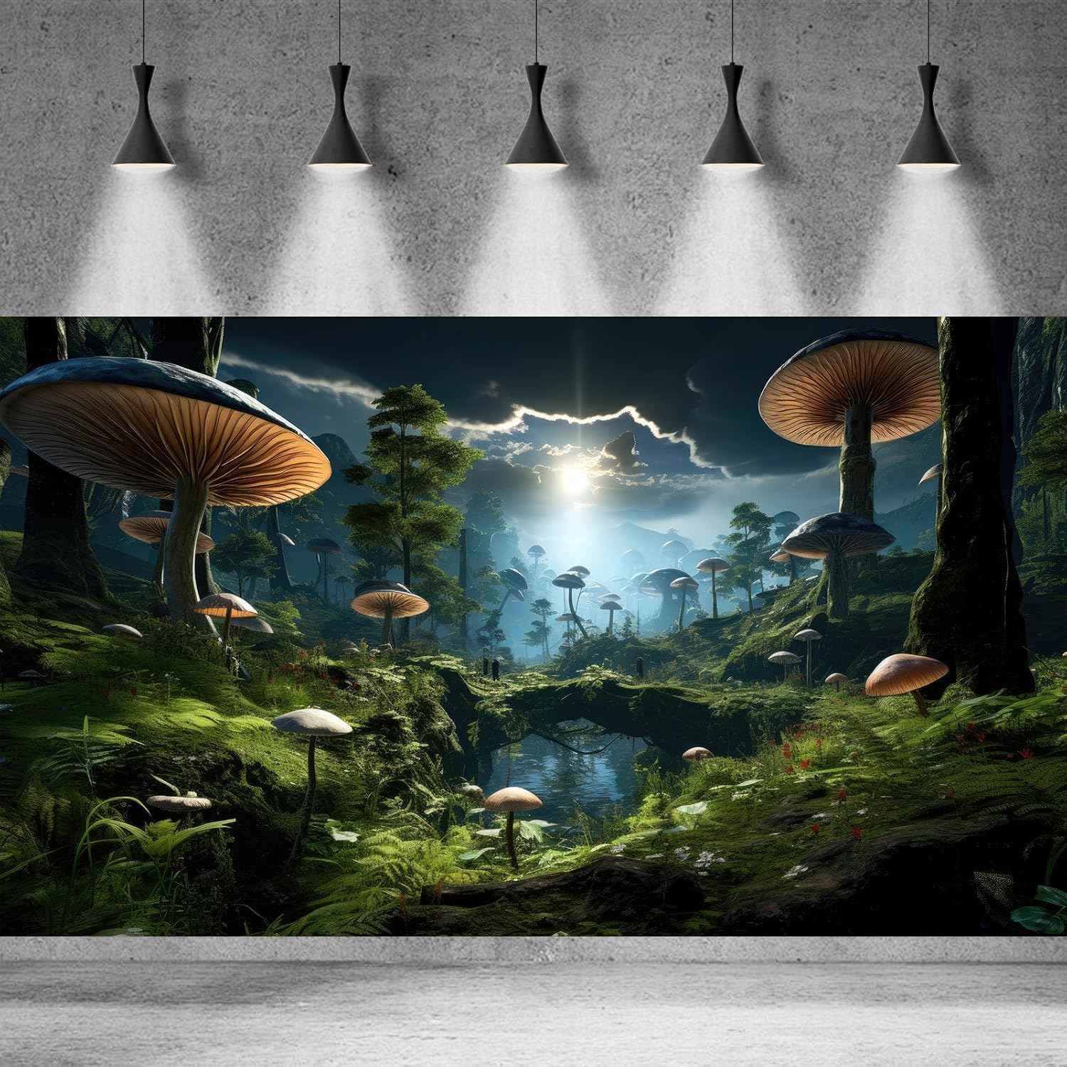 Fantasy Mushrooms Landscape Aquarium Background Tranquil Stream Cloudy Sky Terrarium Background Lush Green Tropical Plants Trees Fish Tank Backdrop Decoration Tank Background Poster 24x12in - Pet Explorer