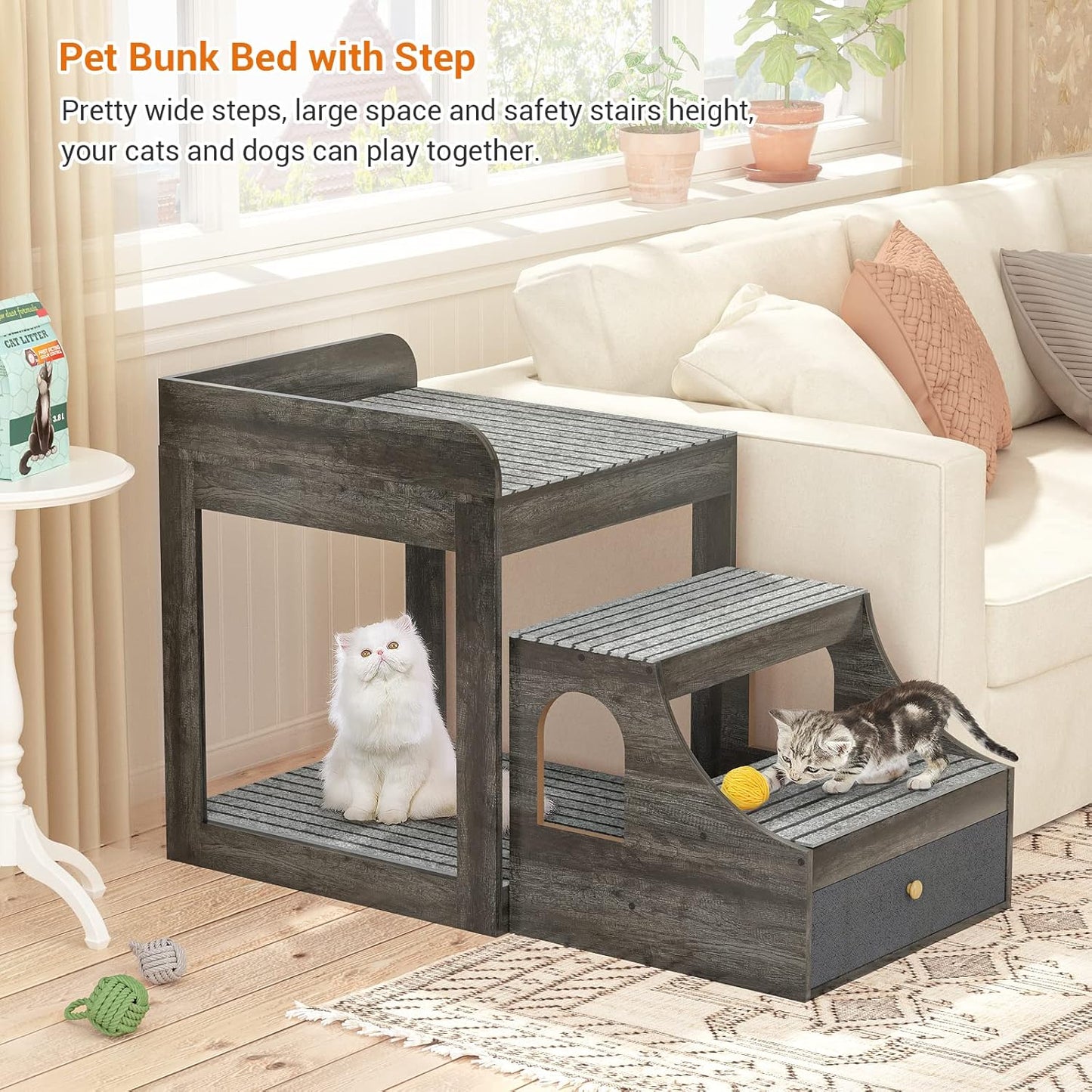 Cyclysio Super Large Multi-Level Pet Bunk Bed with Stairs, Mats, Drawers for Indoor Use, Grey - Pet Explorer
