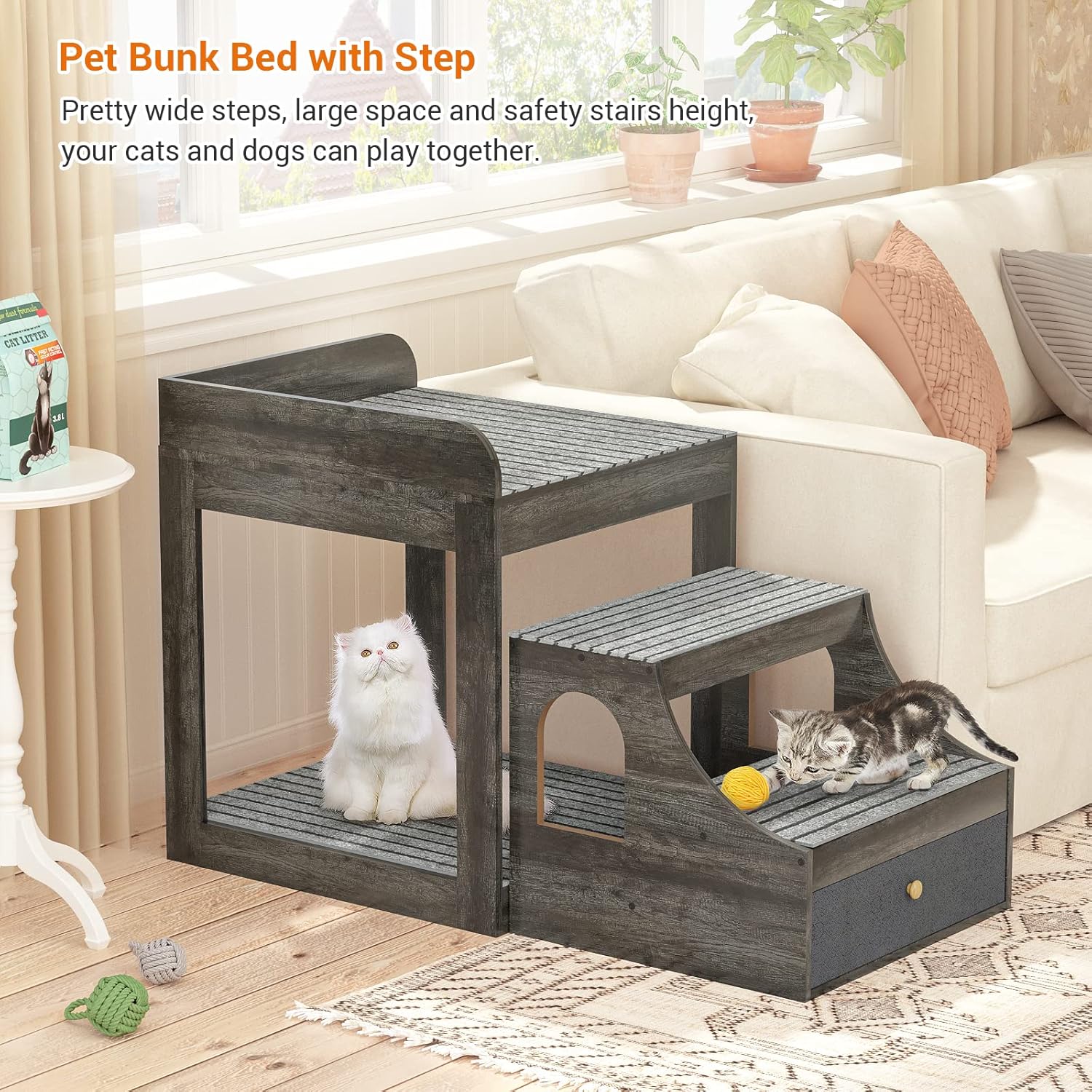 Cyclysio Super Large Multi-Level Pet Bunk Bed with Stairs, Mats, Drawers for Indoor Use, Grey - Pet Explorer