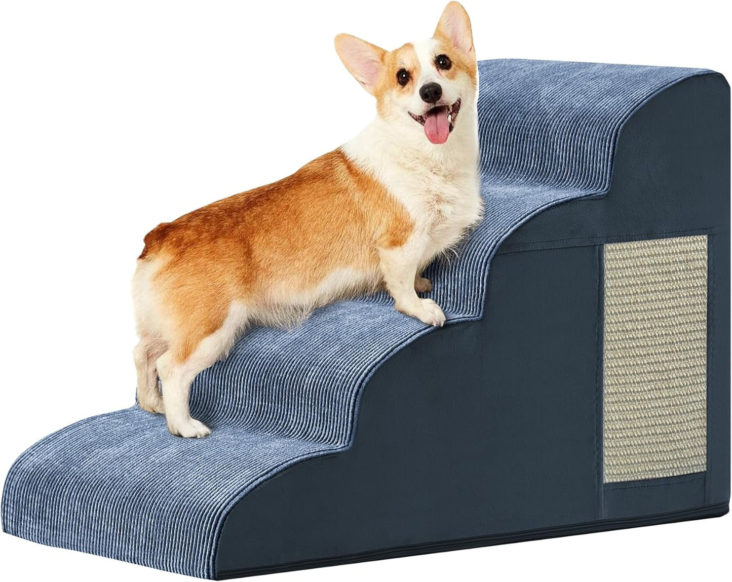 Navy Portable Pet Steps - 4-Step Dog & Cat Ramp for Bed, Couch, Sofa & Chairs - Non-Slip, High Density Foam - Pet Explorer