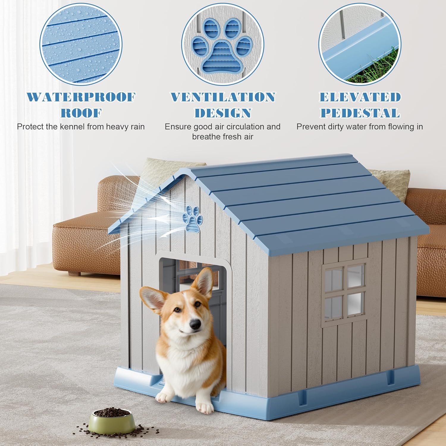 Large Dog House Outdoor Indoor for Medium Large Dogs, Durable Plastic Waterproof Doghouse with Air Vents and Elevated Floor, Easy Clean and Assemble (Blue, 31" L x 33.3" W x 33.5" H) - Pet Explorer