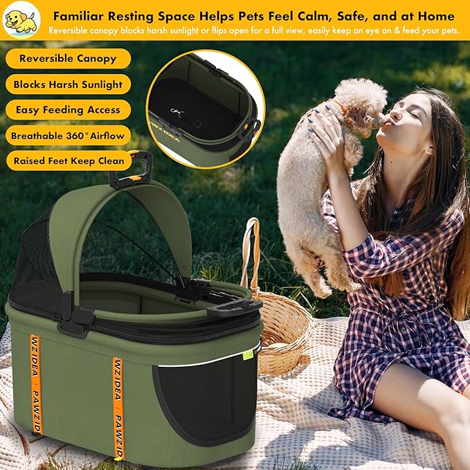 PAWZIDEA Portable Small Dog Crate for Car Travel, Enclosed Pet Car Seat for Small/Medium Dogs Cats up 33lb, Reversible No-Zip Canopy, Soft-Sided Pet Carrier Basket, Collapsible Dog Kennel, Metal Frame