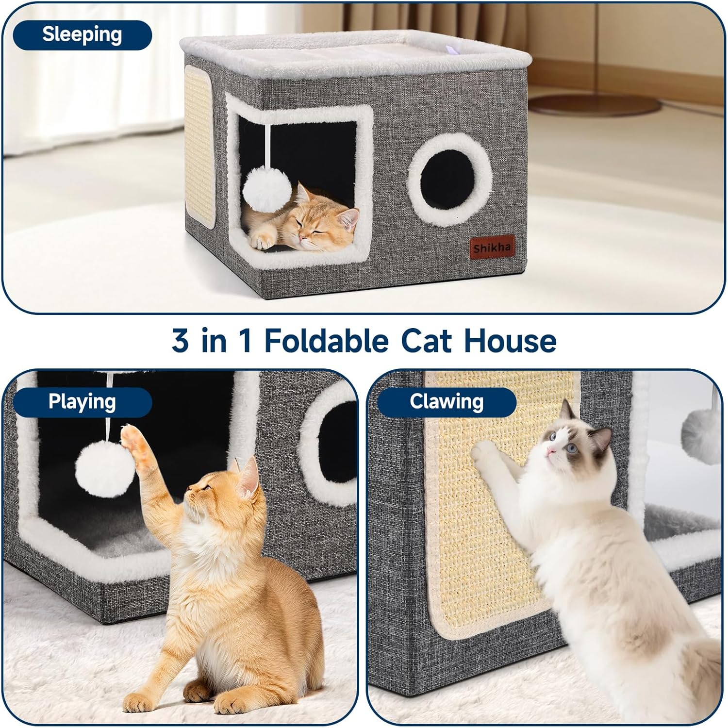 Cat Beds for Indoor Cats, Large Cat Cave with Cozy Condo, Fluffy Hanging Ball, Round Window, Foldable Indoor Cat House Hold Up to 30LBS, Cat Hideaway with Double-Sided Soft Cushions for All Seasons - Pet Explorer