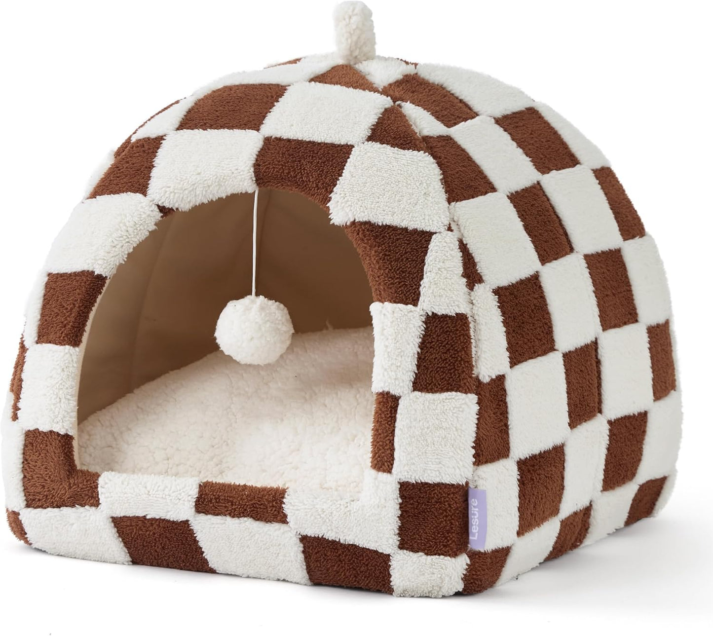Lesure Cute Cat Beds for Indoor Cats - 2 in 1 Cat Cave Bed for Large Cats, House with Removable Washable Cushioned Pillow, Cozy Tent House with Non-Slip Bottom, Brown, 17.3 inches - Pet Explorer