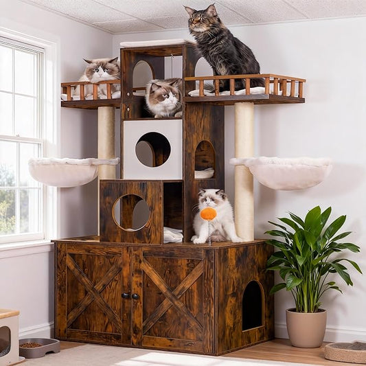 Heybly Cat Tree with Litter Box Enclosure for Indoor Big Cat, Cat Tower for Large Cats 20lbs Heavy Duty, Modern Cat Condo Furniture with Scratching Posts, Rustic Brown HCT110SR