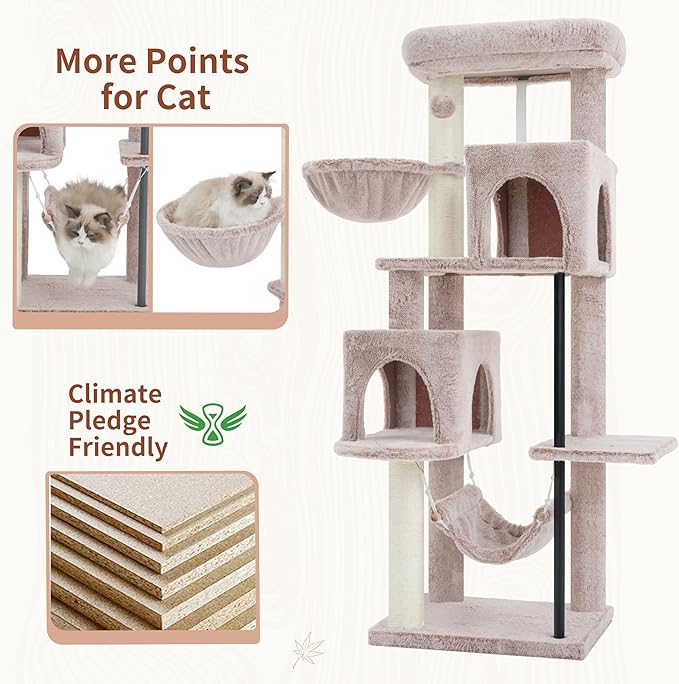 51.2'' Cat Tree Tower, Cat Tower with Scratching Post, Sturdy Steel Pube Cat Tree for Inoor Cats Large Adult, Cat Hammock and Basket, Padding Top Platform, Mushroom GCT014MU