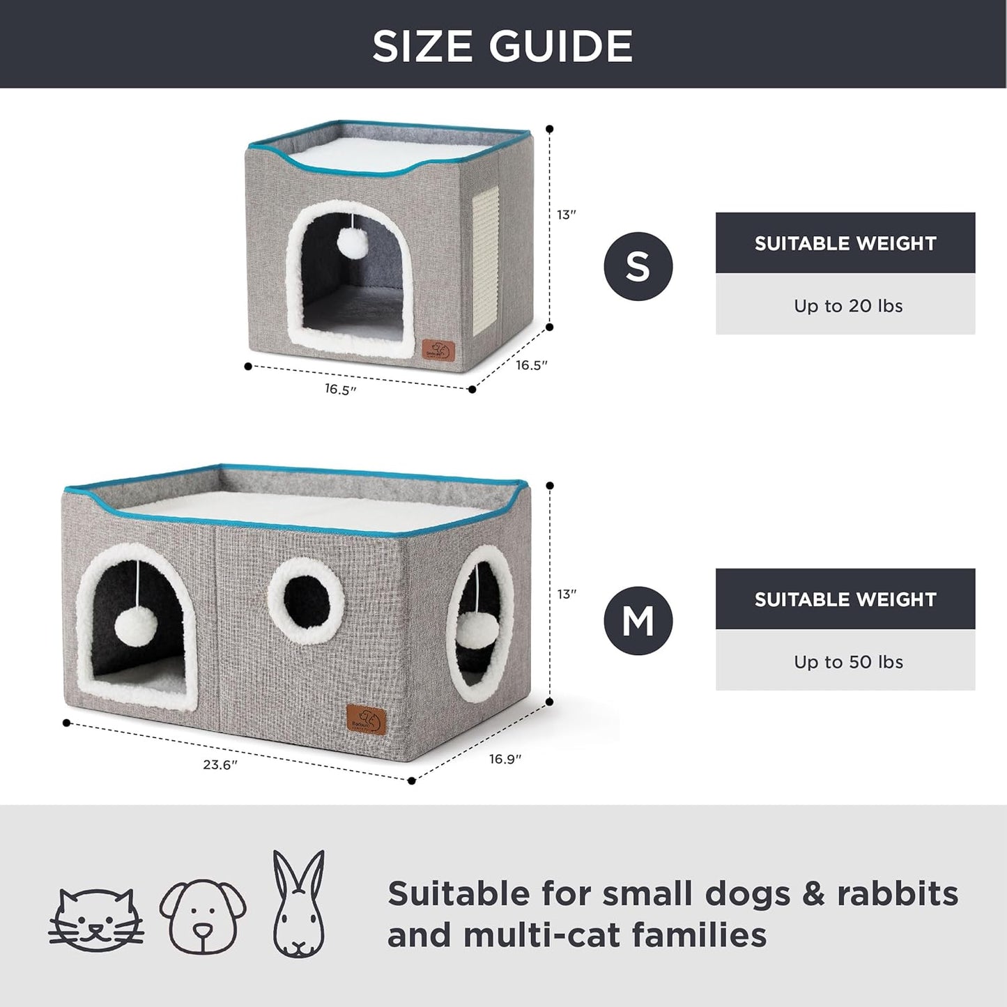 Bedsure Large Cat Beds for Indoor Cats - Extra Wide Cat Cube House for Small Pet with Fluffy Ball Hanging and Scratch Pad, Foldable Pet Cave Hideaway for Multiple Cats, 23.6x16.9x13 inches, Grey - Pet Explorer