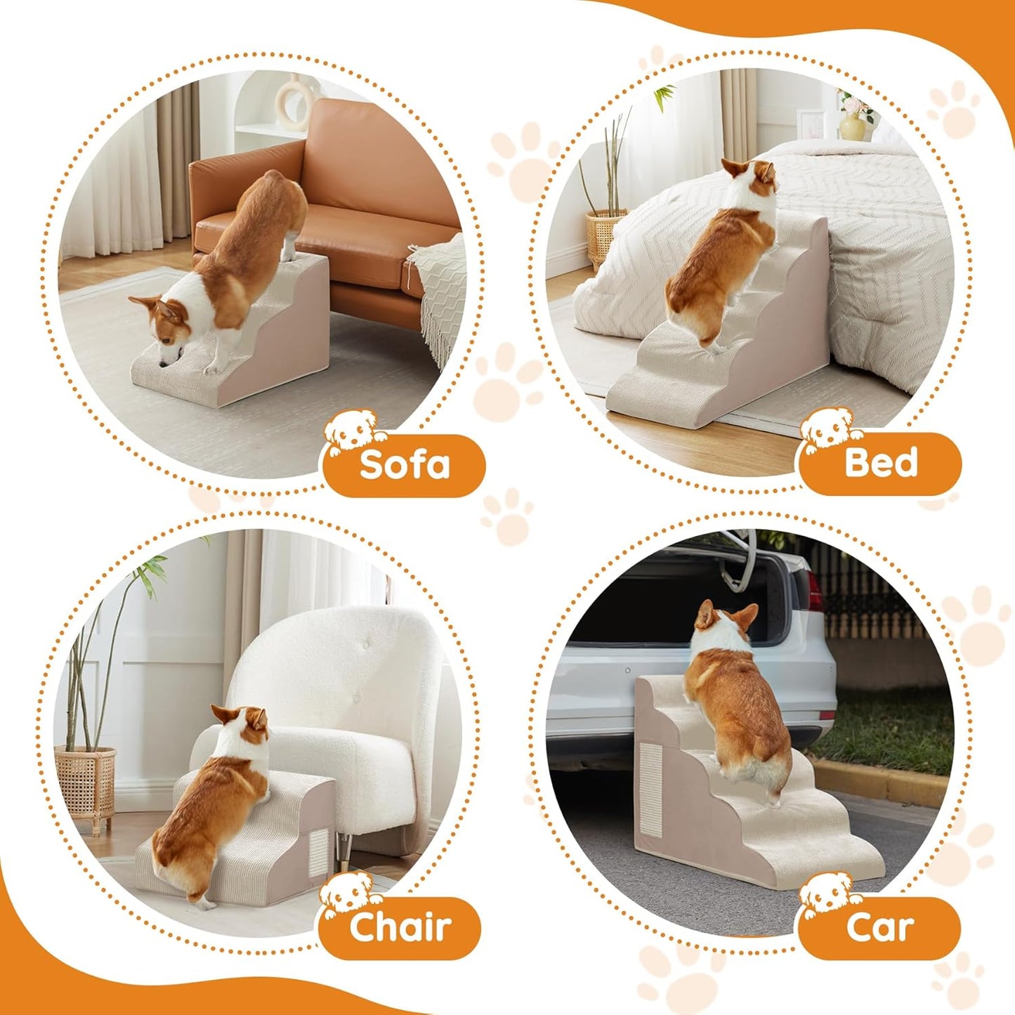 Pet Stairs, Dog Stairs for Small Dogs, Dogs Steps, 5-Step Curved Dog Ramp for Bed, Couch, Sofa, Car and Chairs, Non-Slip Bottom Design, Cat Scratching Board, High Density Foam Portable Pet Step, Beige - Pet Explorer