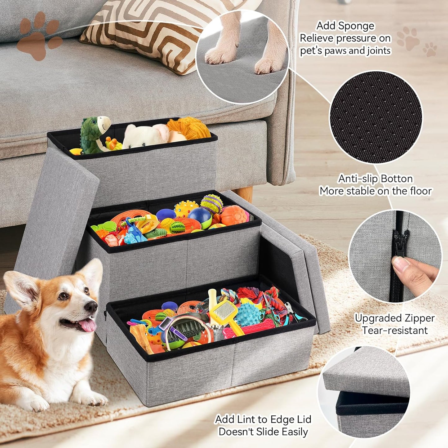 Wider Dog Stairs with Storage 18" H, 3-Step Sturdy Dog Steps for Large/Medium/Small Older Dogs Cats, Folding Pet Stairs Climbing Bed or Couch, Ramp for Car Up to 200 lbs (Gray, No Condo) - Pet Explorer