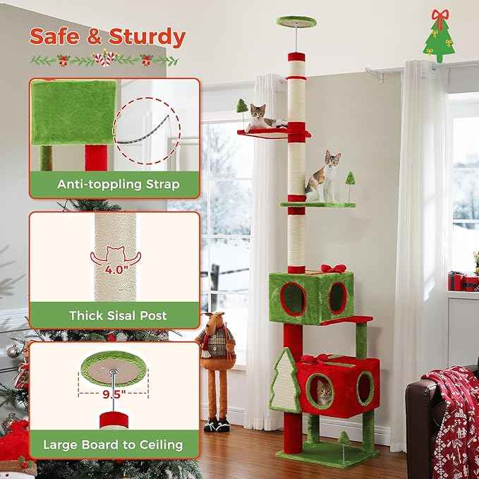 PETEPELA Floor to Ceiling Christmas Cat Tree, Tall Cat Tower (Adjustable Height 90.9-107.8 in) with 2 Large Condos, Scratching Posts & Detachable Cat Toys for Large Adult Cats, Red/Green