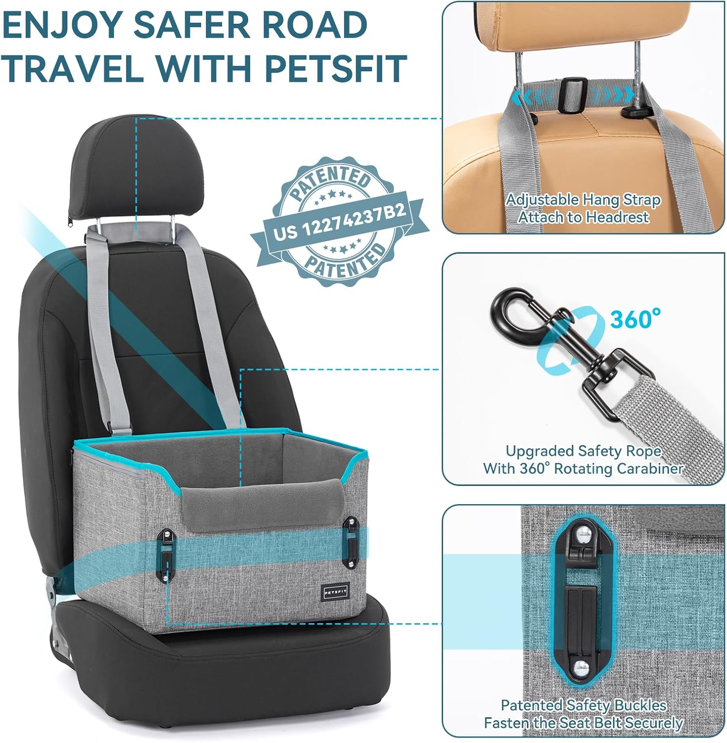 PETSFIT Dog Car Seats for Small Dogs, Patent Safety Buckles Dog Booster Car Seat, Dog Carseat with Safety Belt, Suitable for Small Pets Up to 25lbs (Grey) - Pet Explorer