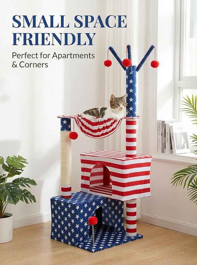American Flag Cat Tree for Kittens & Senior Cats, 45” Stable Cat Tower Corner Fit, Patriotic Star & Stripes Cat House for Small Spaces with 2 Condos, Hammock & Reinforced Scratching Posts