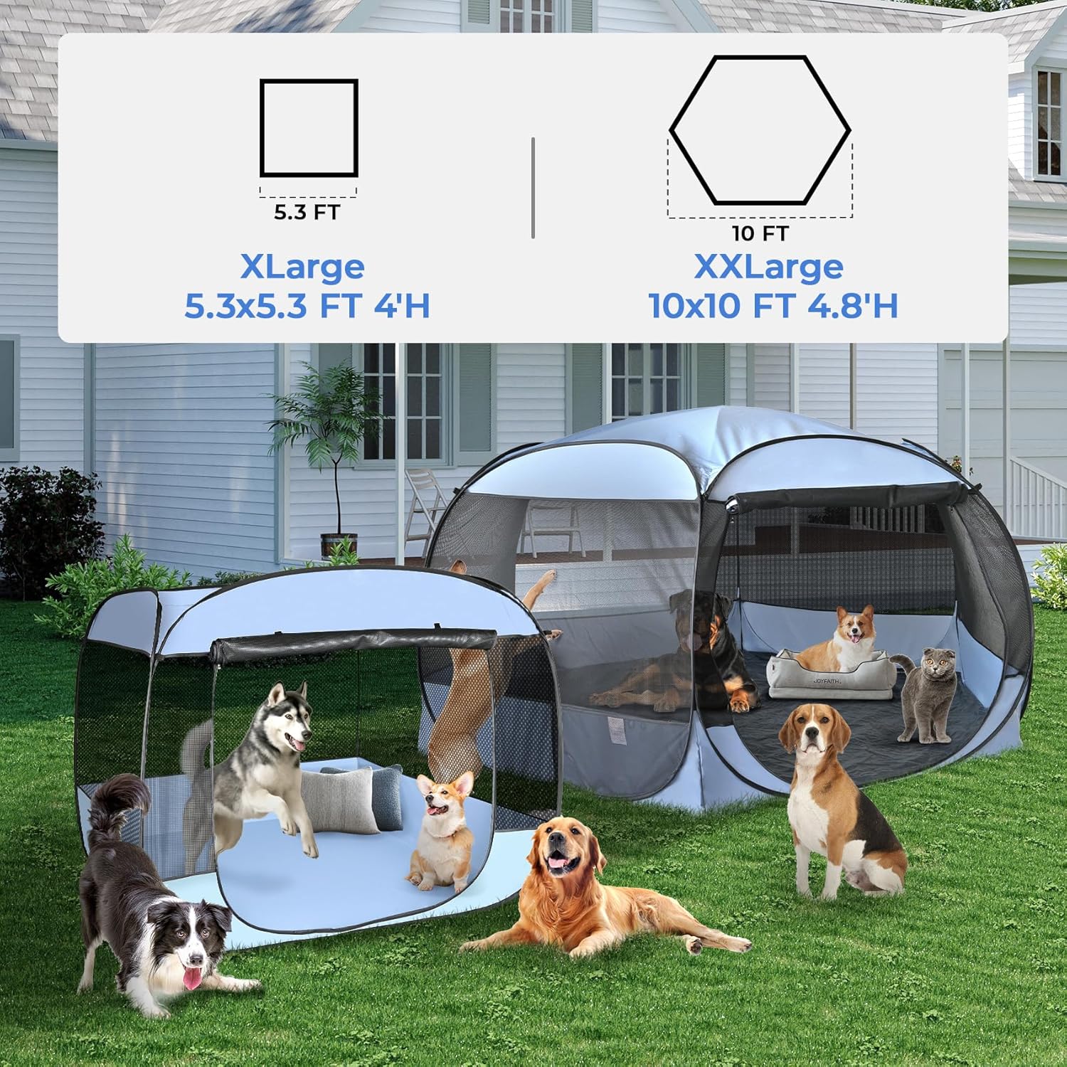 EighteenTek XLarge Popup Portable Dog Houses, 5.3'x4'H Assembly-Free Gazebo-Style Dog Cot Cat Playpen Screen Pet Tent Sun Shade Shelter Dog Bed with Canopy for Outdoor, Anti-Bugs with Leakproof Bottom - Pet Explorer