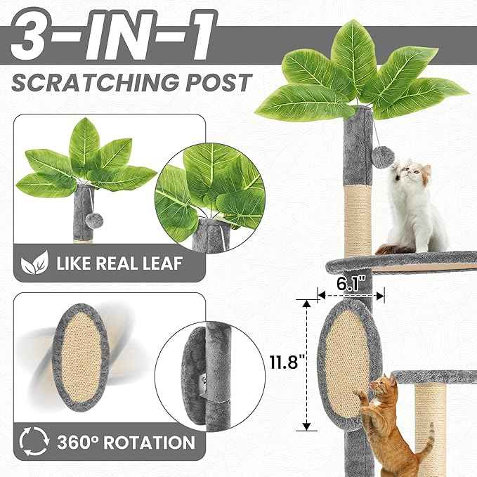55 Inch Large Cat Tree Tower for Indoor Cats with Hammock Green Leaves Sisal Scratching Post, Plush Hang Ball Play Furniture for Kittens & Adult Cats,Grey