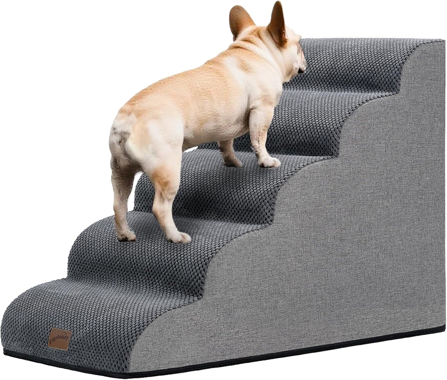 GoGoBunny Ramp Dog Stairs for High Beds 22.6" H, 5-Step Dog Slope Stairs with Durable Waterproof Fabric Cover, Pet Steps for Old Large Dogs Climbing, Non-Slip Sturdy Indoor Step, Grey - Pet Explorer