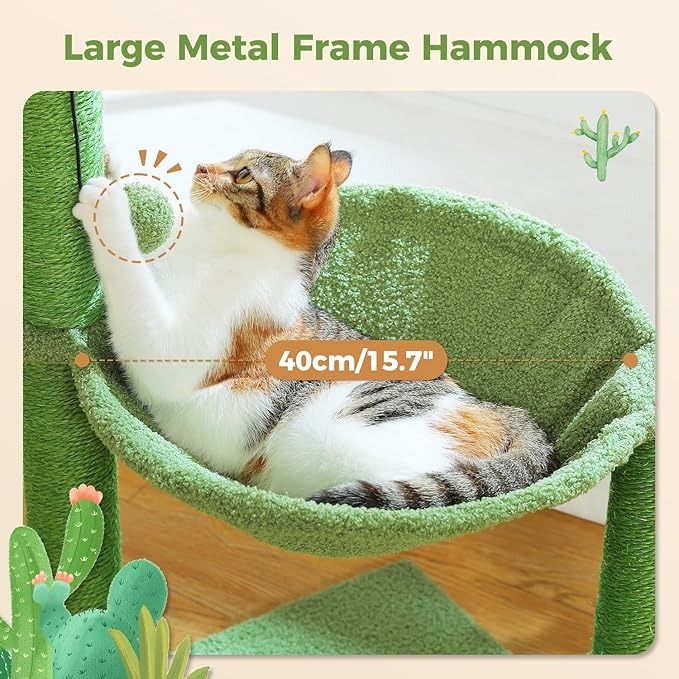 PAWZ Road Cactus Cat Tree, 33 Inchs Cat Tower with Large Soft Hammock and Fully Wrapped Sisal Scratching Post for Indoor Cats