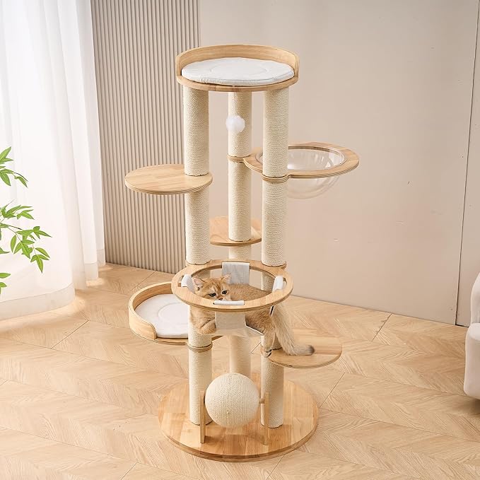 797Audio Modern Solid Wood Cat Tree Tower, 54" Tall Cat Tree with Scratching Posts, Capsule&Hammock, Luxury Natural Oak Wood Cat Tower, Aesthetic Multi-Level Cat Climbing Tree for Large Indoor Cats