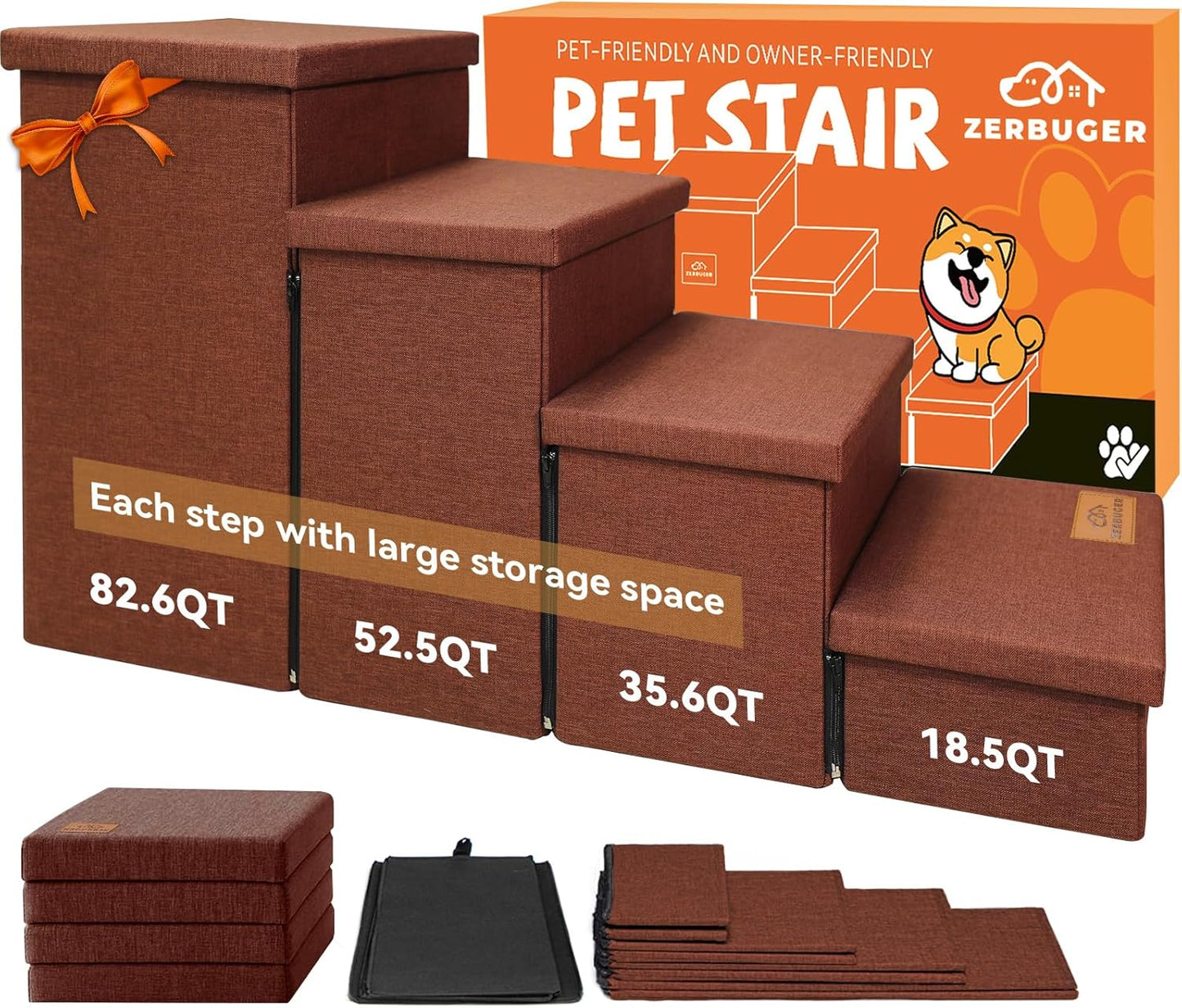Dog Stairs with Storage 23" H, 4-Step Wider Dog Steps for High Beds Window, Folding Sturdy Pet Stairs Gift for Small/Medium/Large Old Dogs Cats, Ramp for Climbing Car Up to 200 lbs, Brown - Pet Explorer