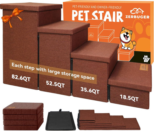 Dog Stairs with Storage 23" H, 4-Step Wider Dog Steps for High Beds Window, Folding Sturdy Pet Stairs Gift for Small/Medium/Large Old Dogs Cats, Ramp for Climbing Car Up to 200 lbs, Brown - Pet Explorer
