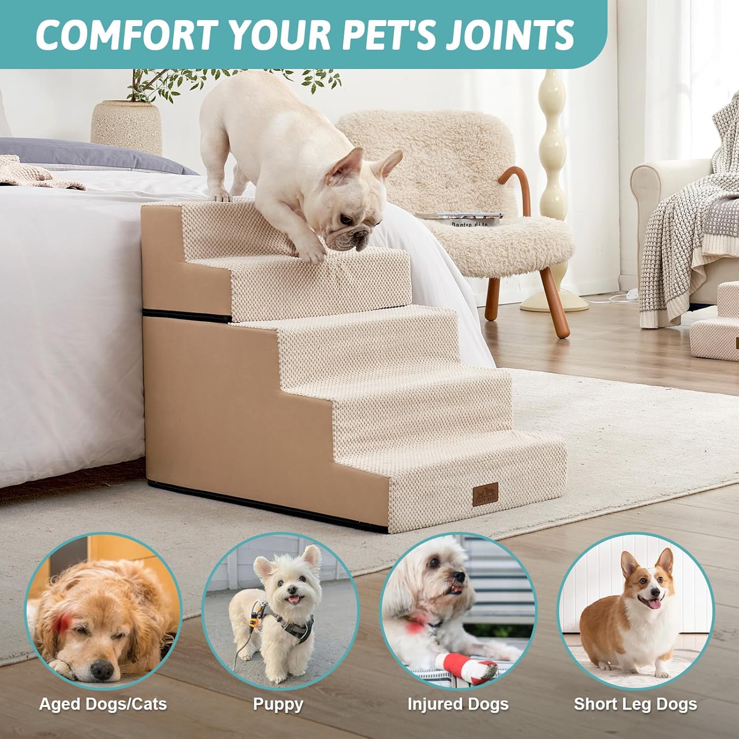 Dog Stairs for Small Dogs, 5 Tier Removable Wider Pet Stairs for Couch and Bed, 23.6" H Non-Slip Dog Steps for Puppies and Old Cats with Support Board, 29.5x19.7x23.6 inch, Beige - Pet Explorer
