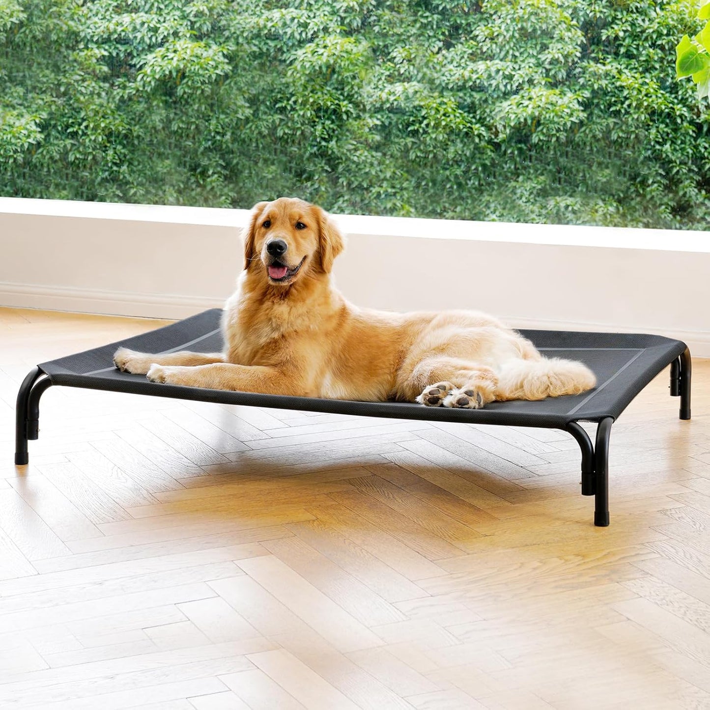 Elevated Dog Bed Raised Outdoor Dog Cot for Large Dogs, Installation Requires No Tools, Frame with Washable Cooling Breathable Mesh Anti-Slip Feet, Indoor Pet Bed, Black, 43.3 Inches - Pet Explorer