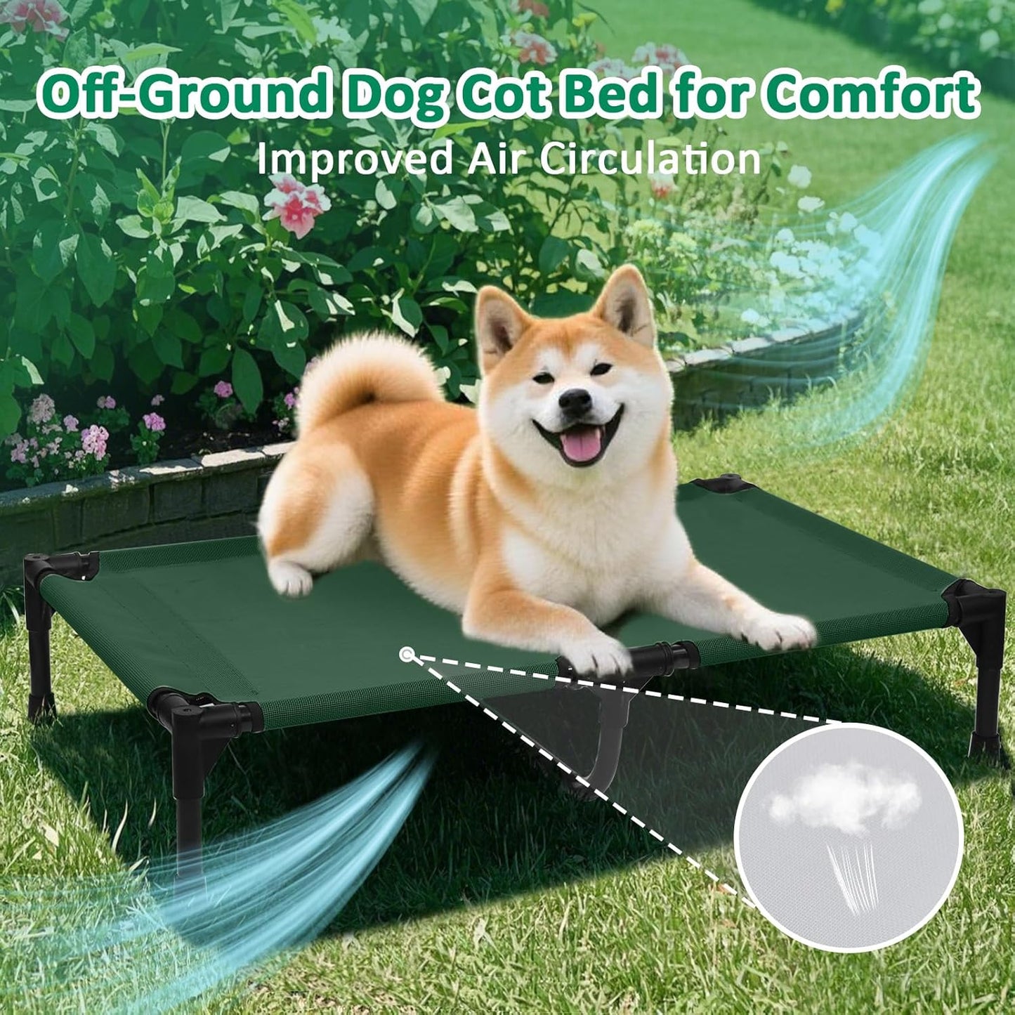 35 Inch Cooling Medium Elevated Outdoor Dog Bed, Raised Dog Cot Beds with Breathable & Washable Mesh, Lifted Pet Hammock Bed with Anti-Slip Feet (M, Green) - Pet Explorer