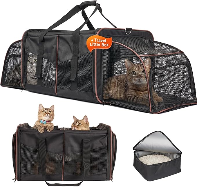 Cat Travel Carrier with Litter Box, Expandable Cat Carrier for 2 Cats for Car Travel, Double Cat Carrier with Zipper Locks, Soft Sided Pet Carrier for Cats and Dogs up to 30lbs, Black