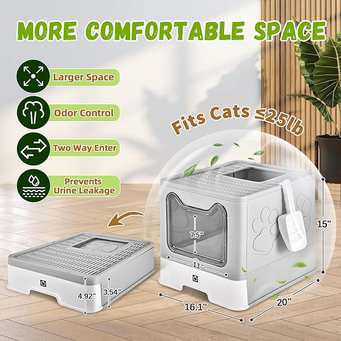 Enclosed Cat Litter Box with Lid Foldable Potty,Drawer Type Extra Large Cover Litter Box with Mat, Kitty Free in and Out/One-Way,Odor Control Anti-Splashing Easy Cleaning (Pale Grey)